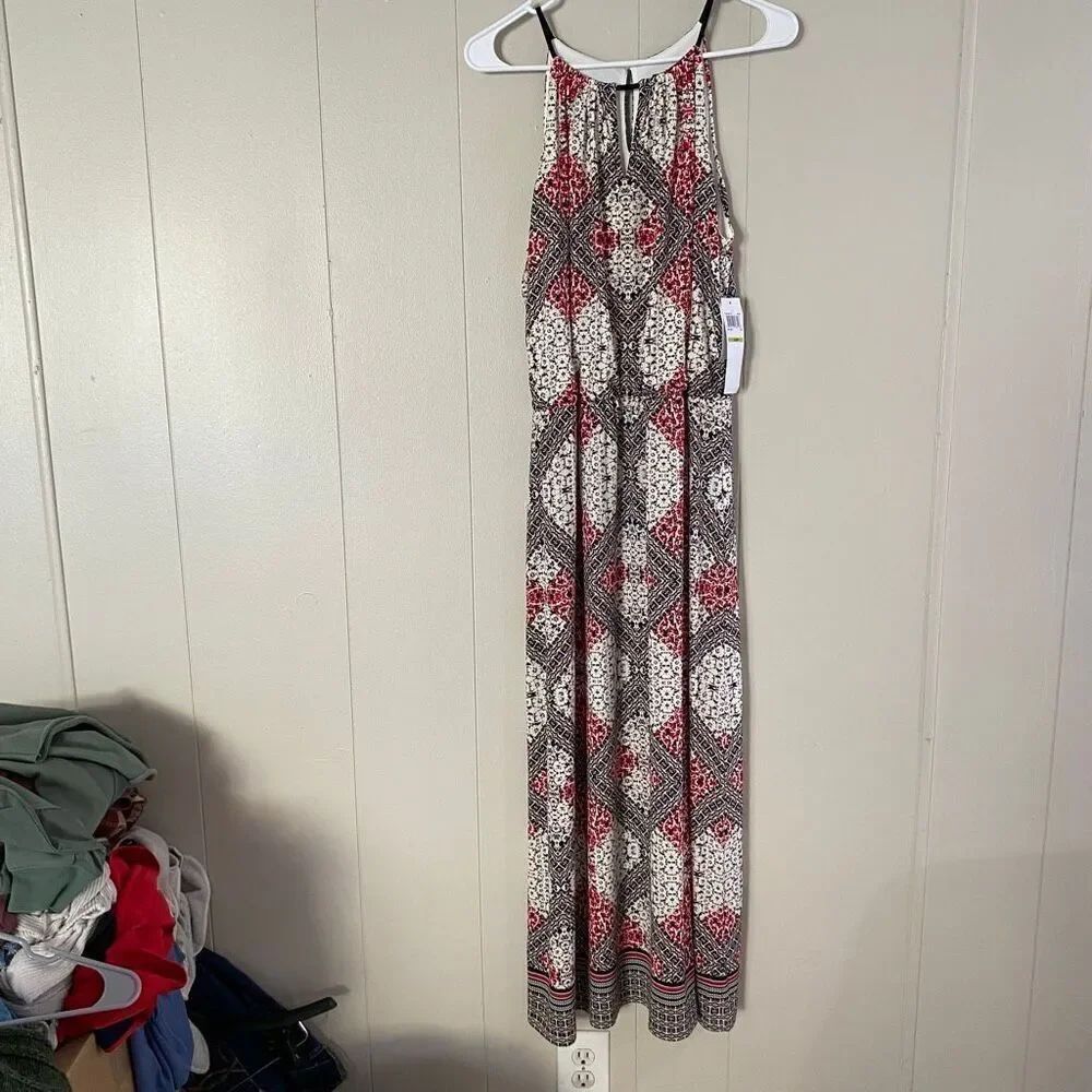 Suite 7 Maxi Dress 14P Petite Red Black Geometric Print NWT Sleeveless Summer Dr